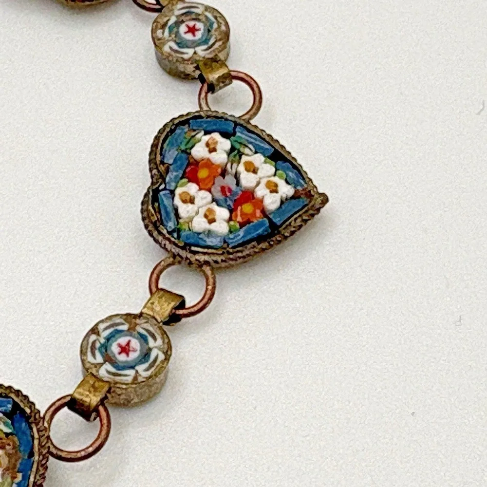 Vintage Italian Micro Mosaic Heart Bracelet Blue Floral Dainty Italy 7